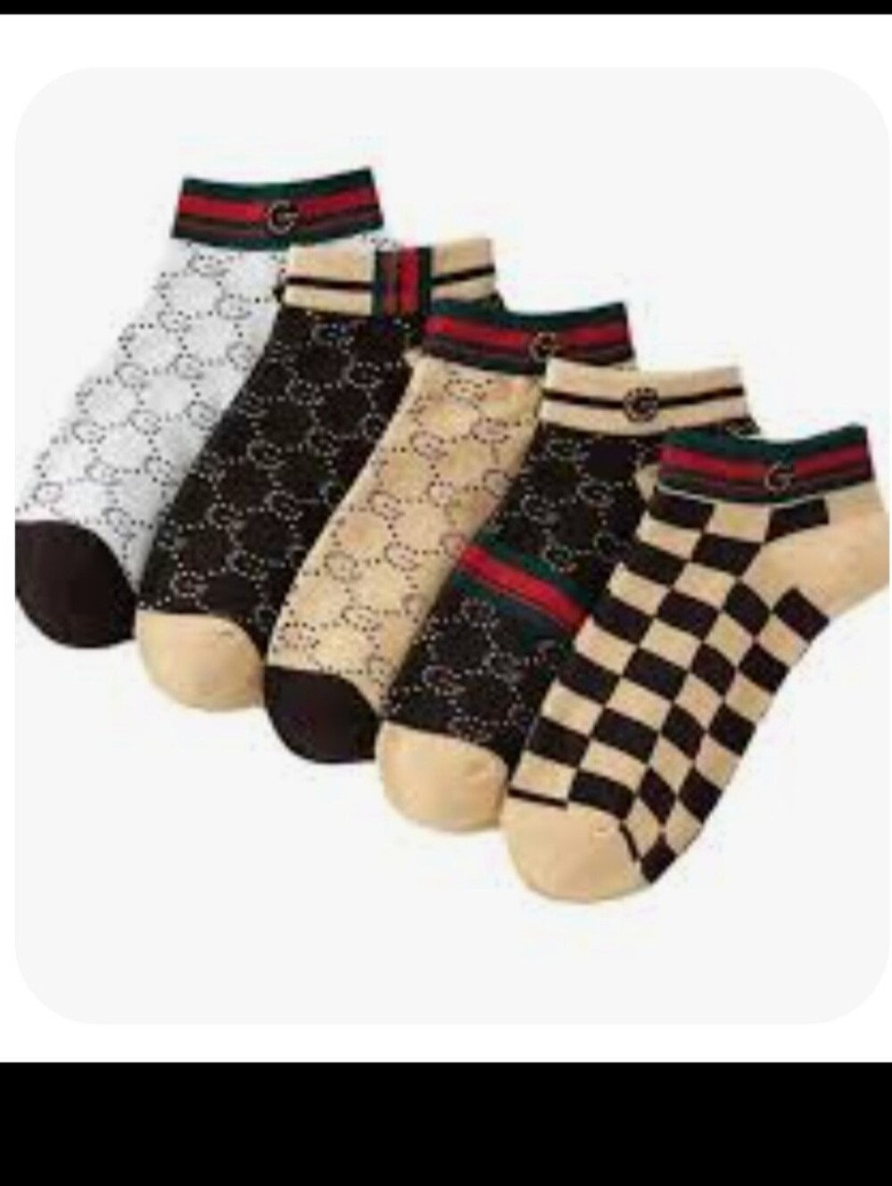 2 Pair Designer-Inspired Beige and Black Patterned Ankle Socks - Women - Picture 3 of 9